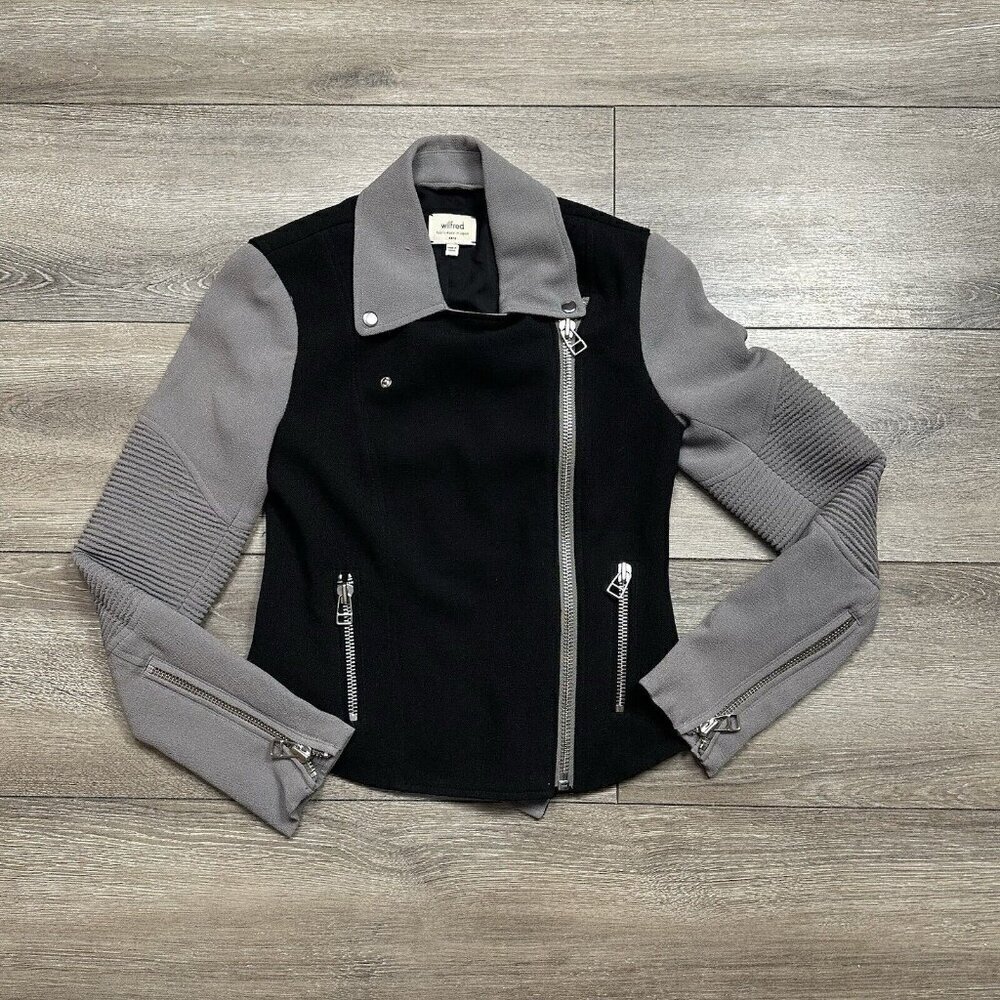 Wilfred Montesson Moto jacket in black and gray crepe  Size 0 Aritzia